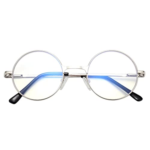 Gafas de lectura de estilo redondo vintage con bloqueo de luz azul para lectores de los años 80/90, marco de metal circular, lentes transparentes John Lennon, plata, +3.50 Magnification