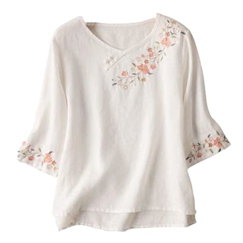 SHINROAD Camiseta para mujer, cuello en V, mangas tres cuartos, dobladillo de verano, casual, botones, bordado, flores, ropa femenina, blanco, talla M