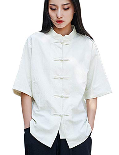 LZJN Camiseta de manga corta para mujer, estilo chino, de algodón y lino, con botones, beige, Taille unique