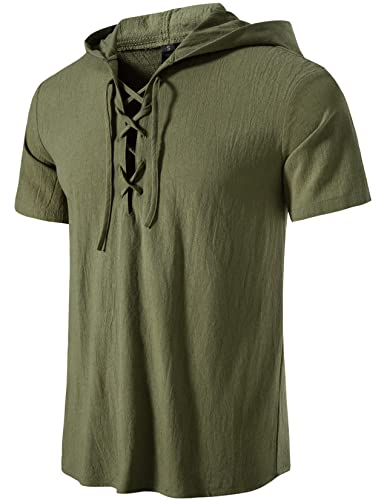 LucMatton Camisas de manga corta con cordones de algodón para hombre, estilo retro, estilo medieval, vikingo, hippie a juego, Verde militar-a, XL
