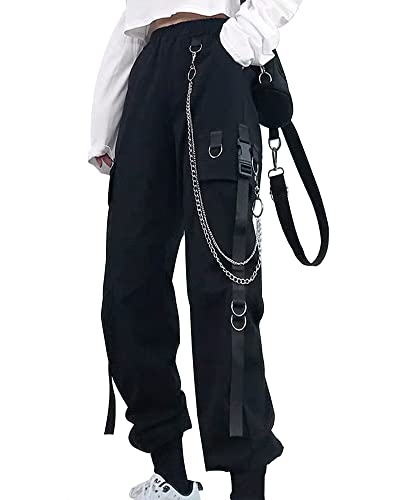 Pantalones cargo góticos para mujer, ropa de calle, pantalones negros de cintura alta, estilo coreano, pantalones góticos de gran tamaño, 02-negro, XL