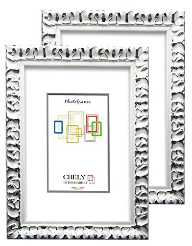Chely Intermarket | 27B2B | Marco de Foto 24x30cm Blanco-Plateado (x2Unds) Mod-217 | Estilo Barroco | Marco de Madera para Decoración de Casa | Fotografías de Boda.(217-24x30*2-0,75)