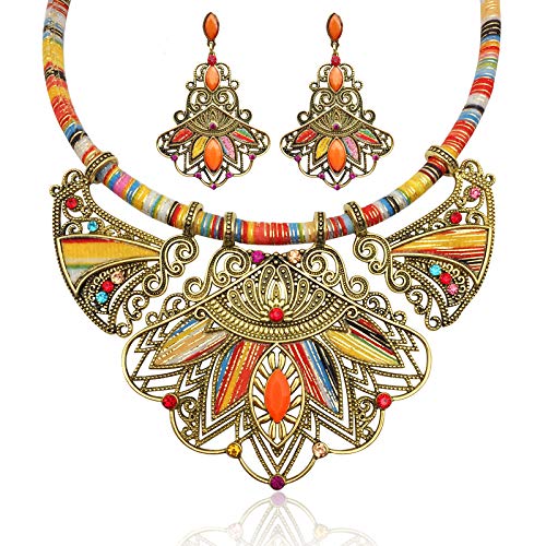 Bohemio Vintage Conjuntos de Pendientes de Collar Babero Étnico Hecho a Mano Multicolor Bisutería Étnica para Mujer