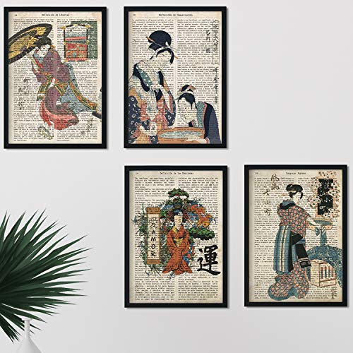 Nacnic Set 4 Láminas Estilo Oriental Vintage | Pósters de Geishas Japonesas con Texto en Español | Cuadro de Arte Antiguo en Asia