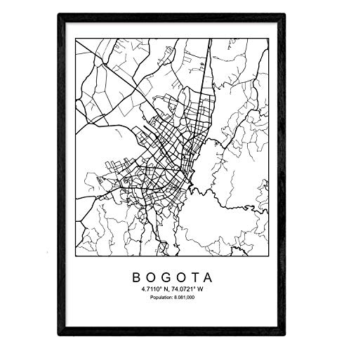 Nacnic Lámina mapa de la ciudad Bogota estilo nordico en blanco y negro. Poster tamaño A3 Enmarcado con marco negro Impreso papel 250 gr. Cuadros, láminas y posters para salon y dormitorio