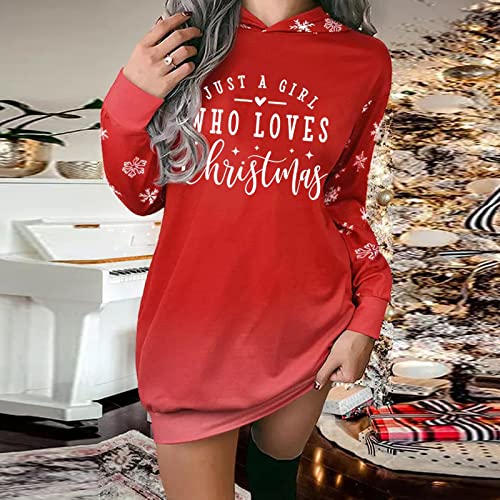 Momolaa Mujer Estampado de Navidad Manga Larga Bolsillos con Capucha Suéter Estampado Sudadera con Capucha Vestido Túnica Sudadera Vestido de Punto Blanco, rojo, S