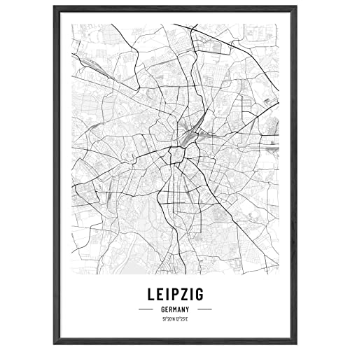 JUNOMI® Leipzig - Póster XL en blanco y negro, DIN A2, decoración de salón, cuadro moderno, cuadro de Leipzig, cuadro sin marco, mapa de la ciudad, póster Leipzig, idea de regalo perfecta para