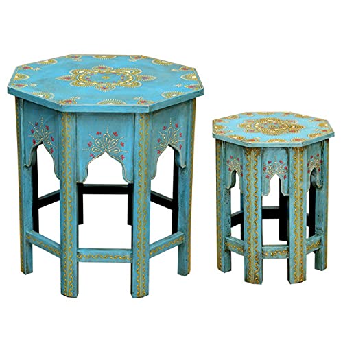 Casa Moro MA-32-47 Saada Juego de 2 mesas auxiliares orientales azul M y L de madera maciza pintada a mano, mesas de centro estilo Shabby Chic, artesanía de estilo marroquí